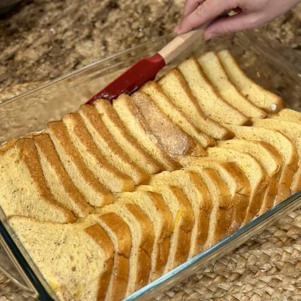 A baking dish of brioche french toast casserole.