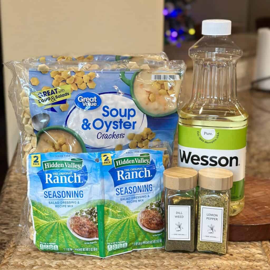 The ingredients to make ranch dill oyster crackers.