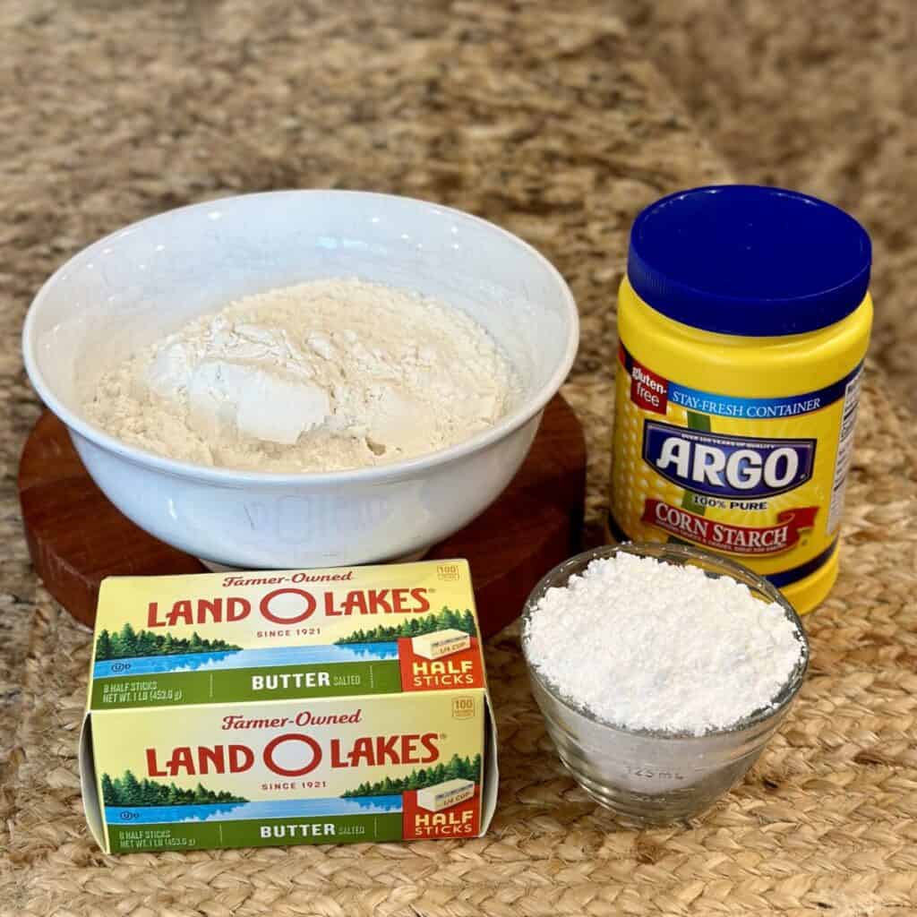 The ingredients to make melt in your mouth shortbread cookies.