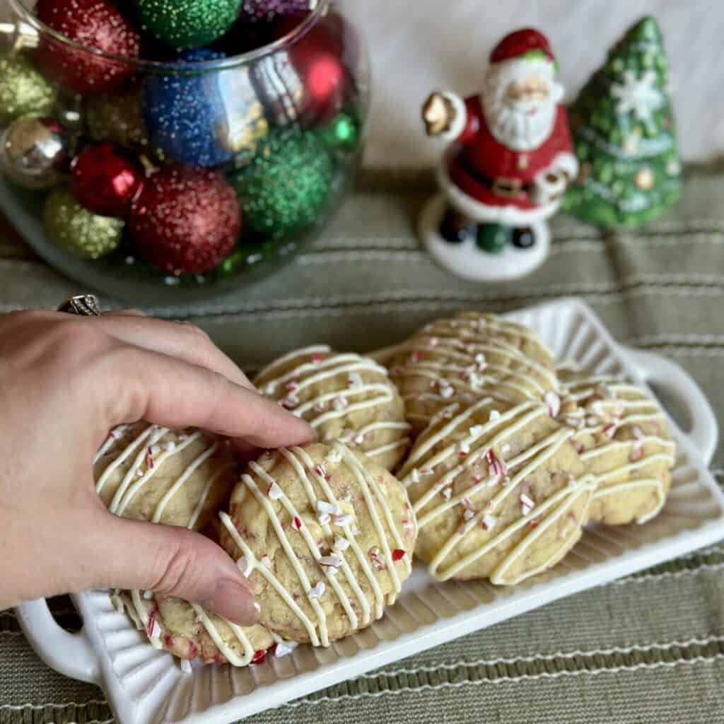 A plate of white chocolate peppermint cookies.