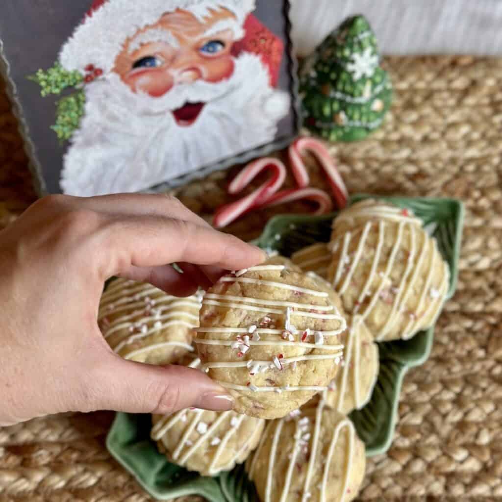 A plate of white chocolate peppermint cookies.