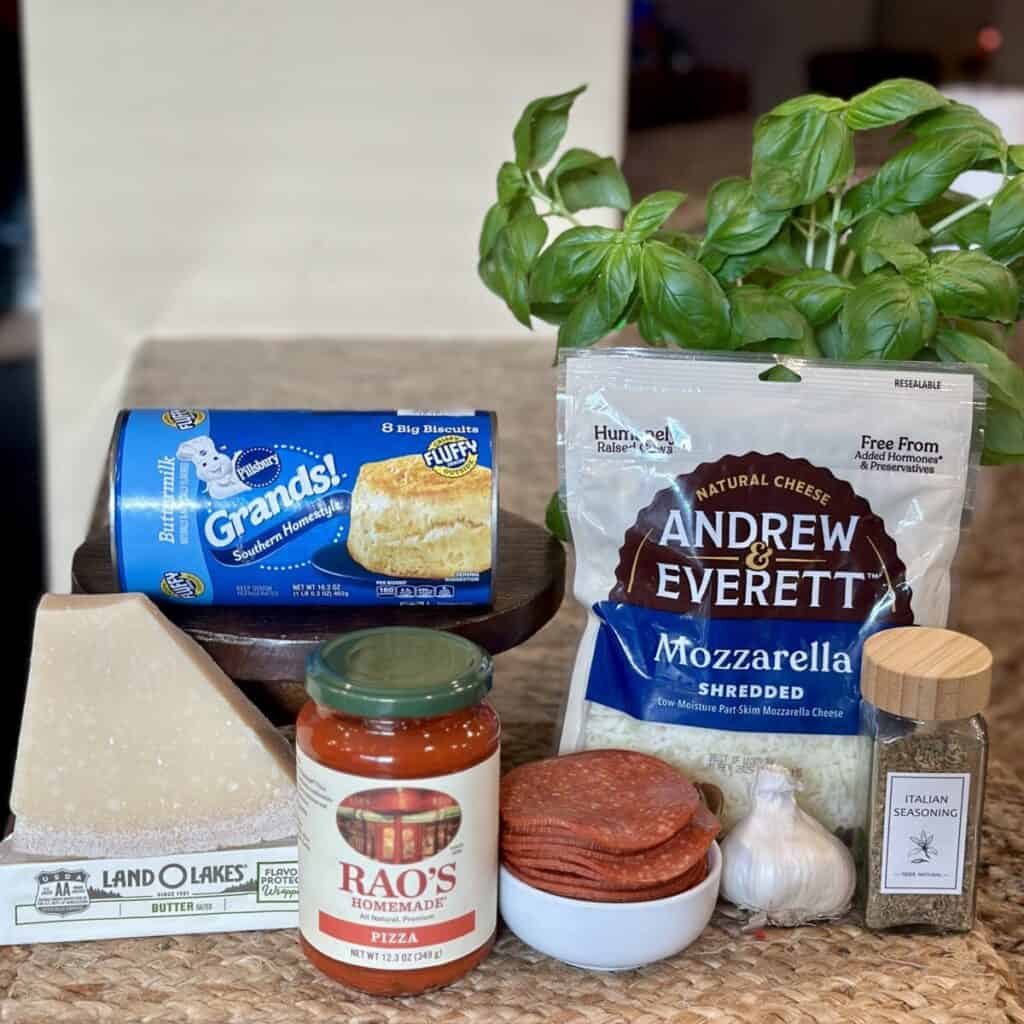 The ingredients to make pizza monkey bread.