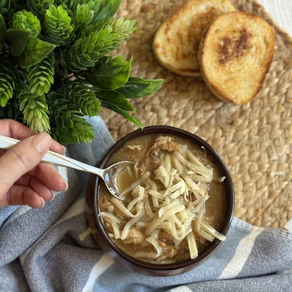 A bowl of French onion chicken soup.