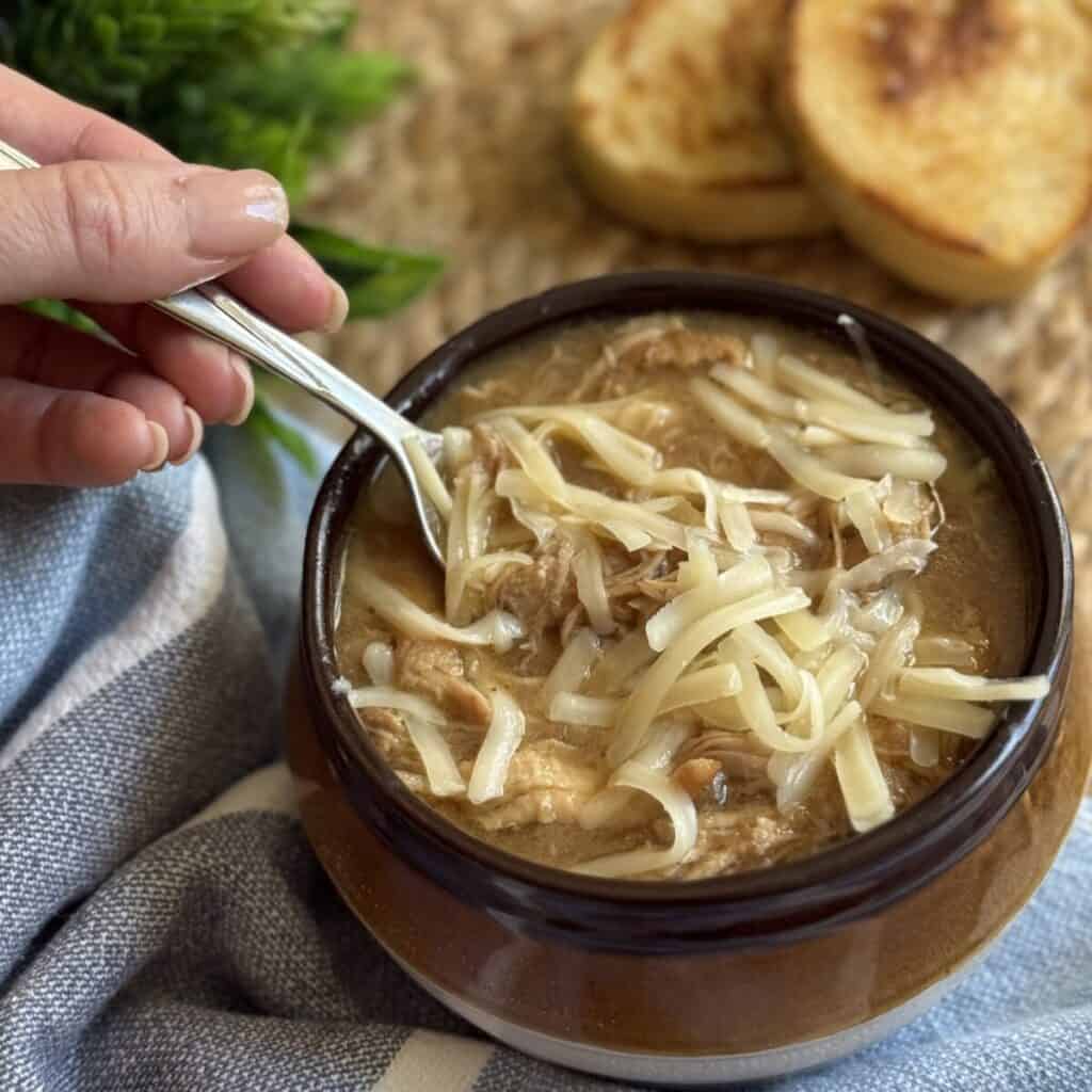 A bowl of French onion chicken soup.