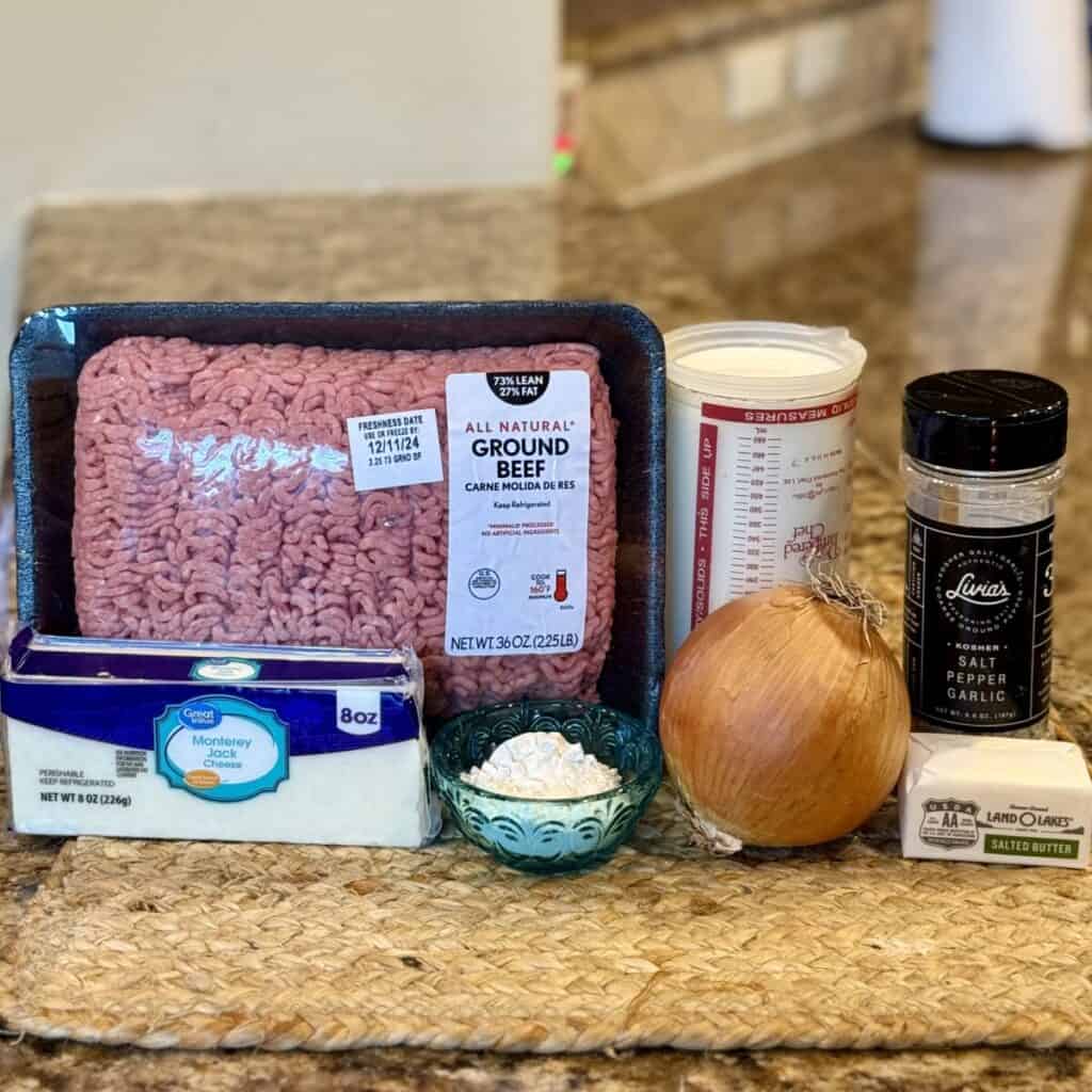 The ingredients to make hamburger steak with onion gravy.