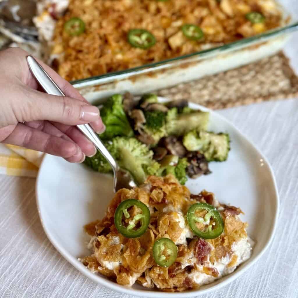 A serving of jalapeño popper casserole on a plate.