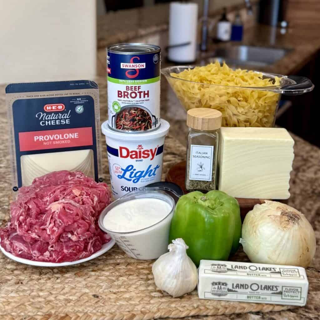 The ingredients to make philly cheesesteak casserole.