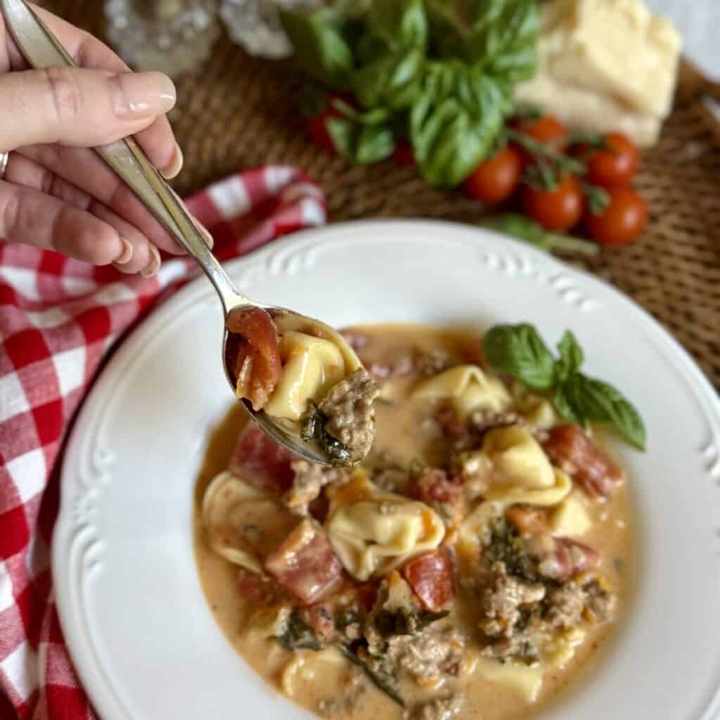 A bowl of crockpot sausage tortellini soup.