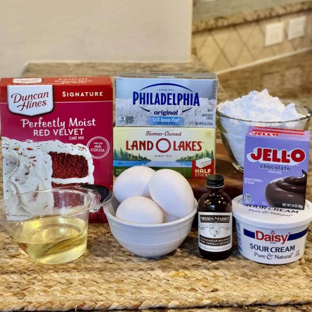 The ingredients to make red velvet cake.