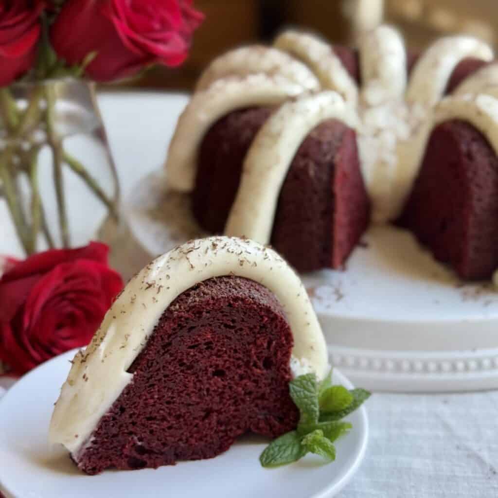 A slice of red velvet cake. 