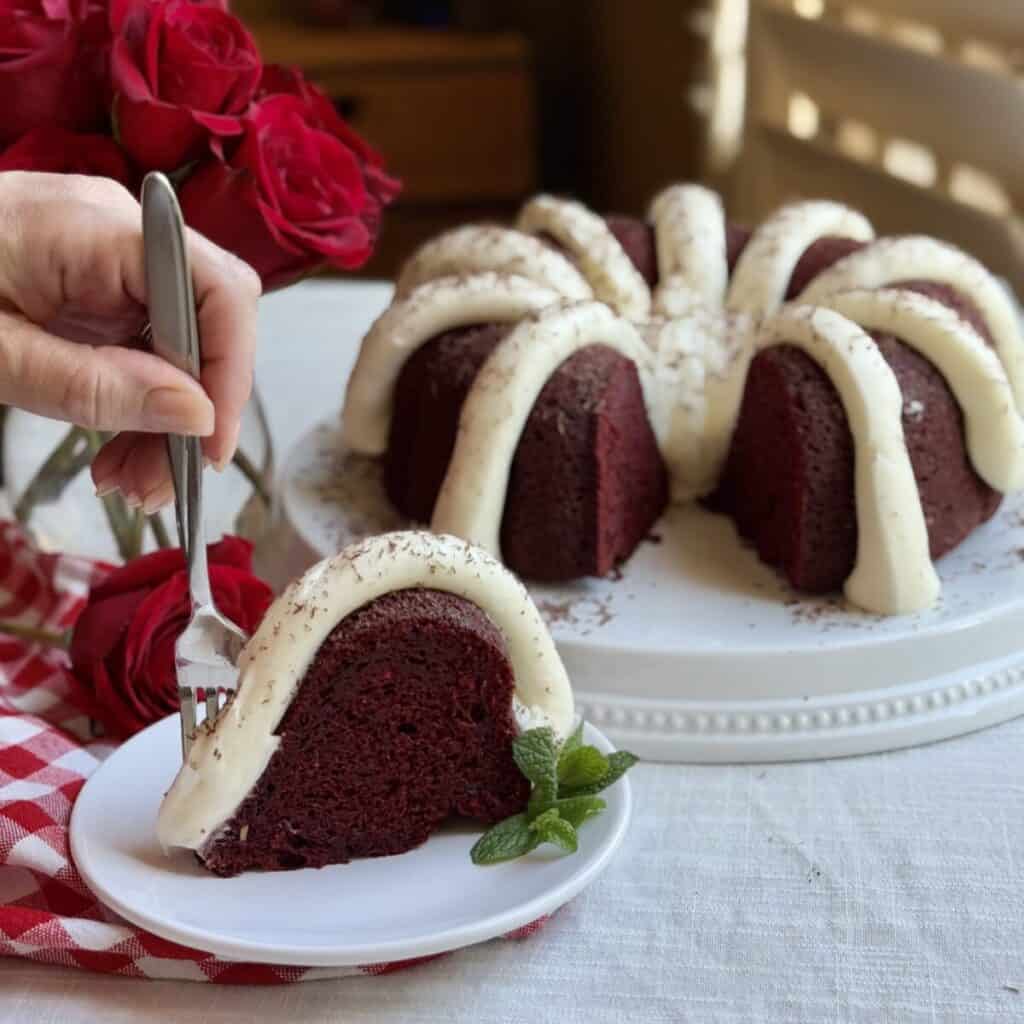 A slice of red velvet cake.