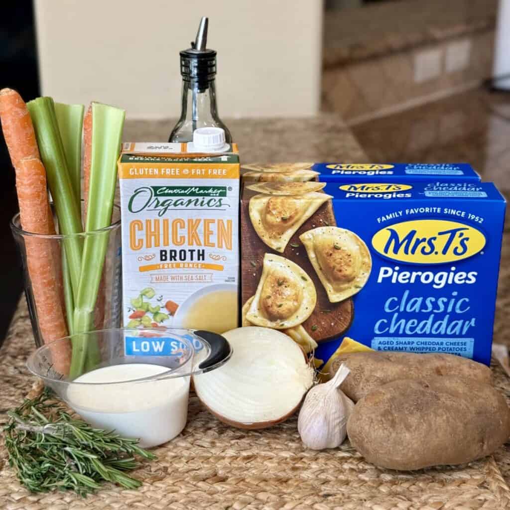 The ingredients to make pierogi soup.