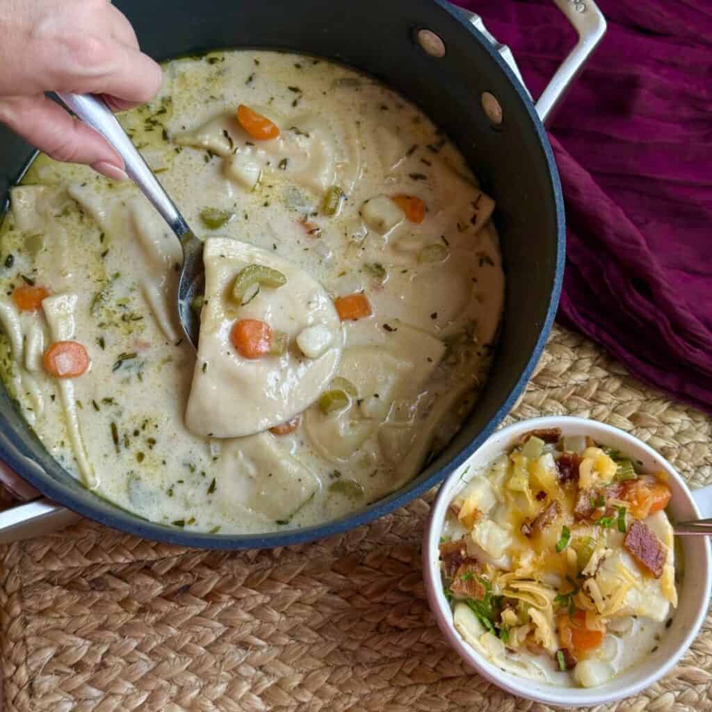 A pan and bowl of pierogi soup.