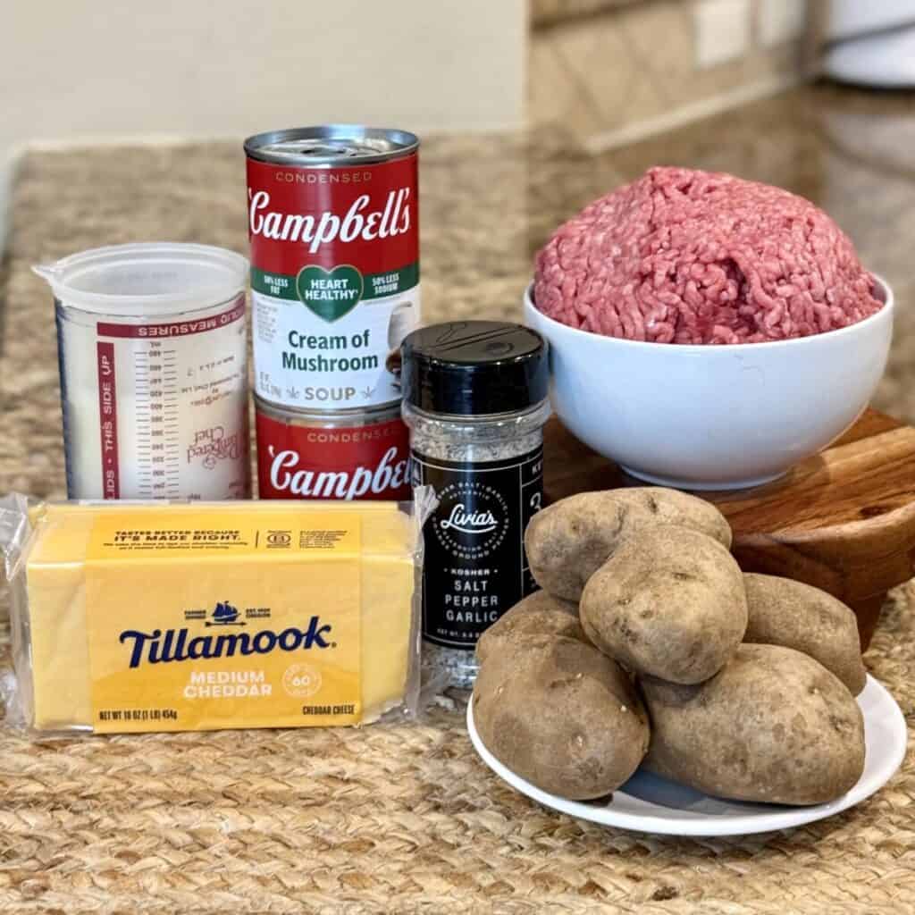 The ingredients to make hamburger potato casserole.