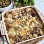 A casserole dish of hamburger potato casserole.