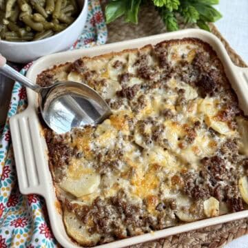 A casserole dish of hamburger potato casserole.