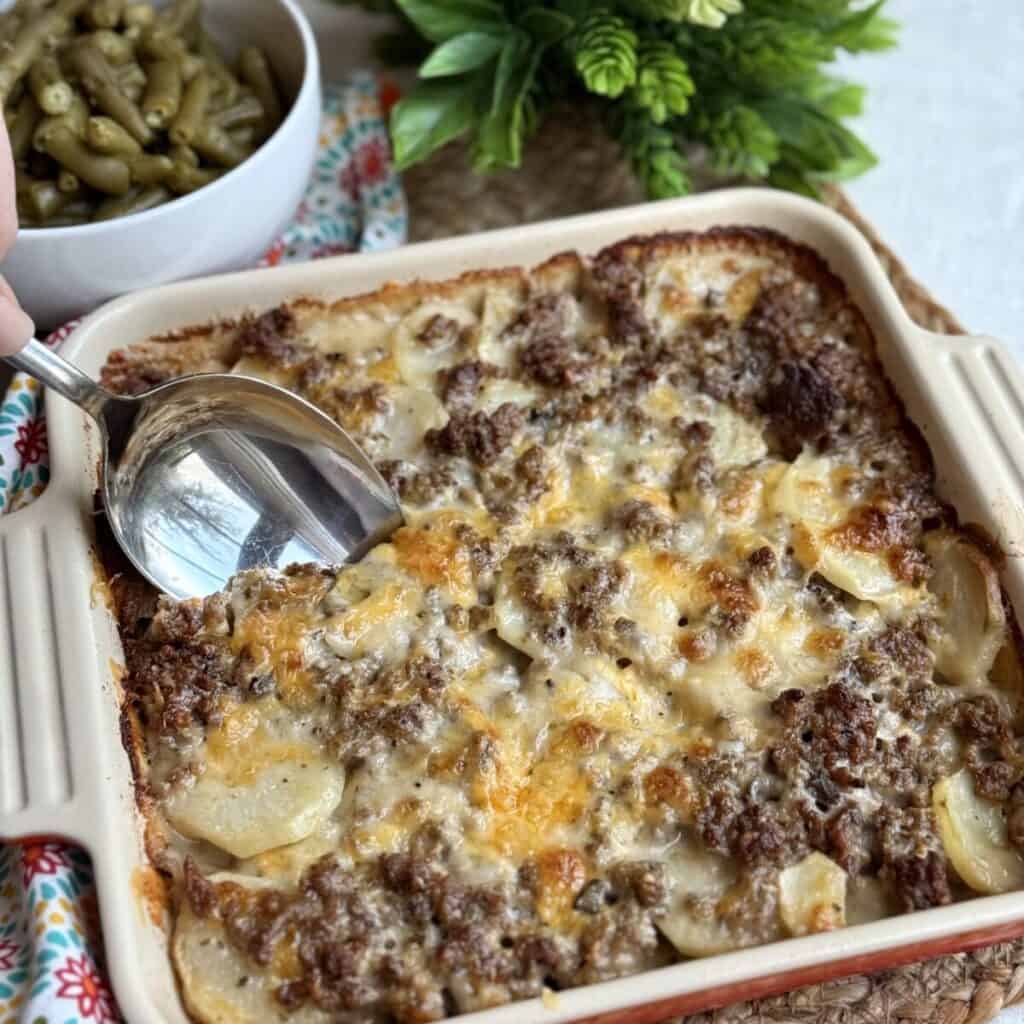 A casserole dish of hamburger potato casserole.