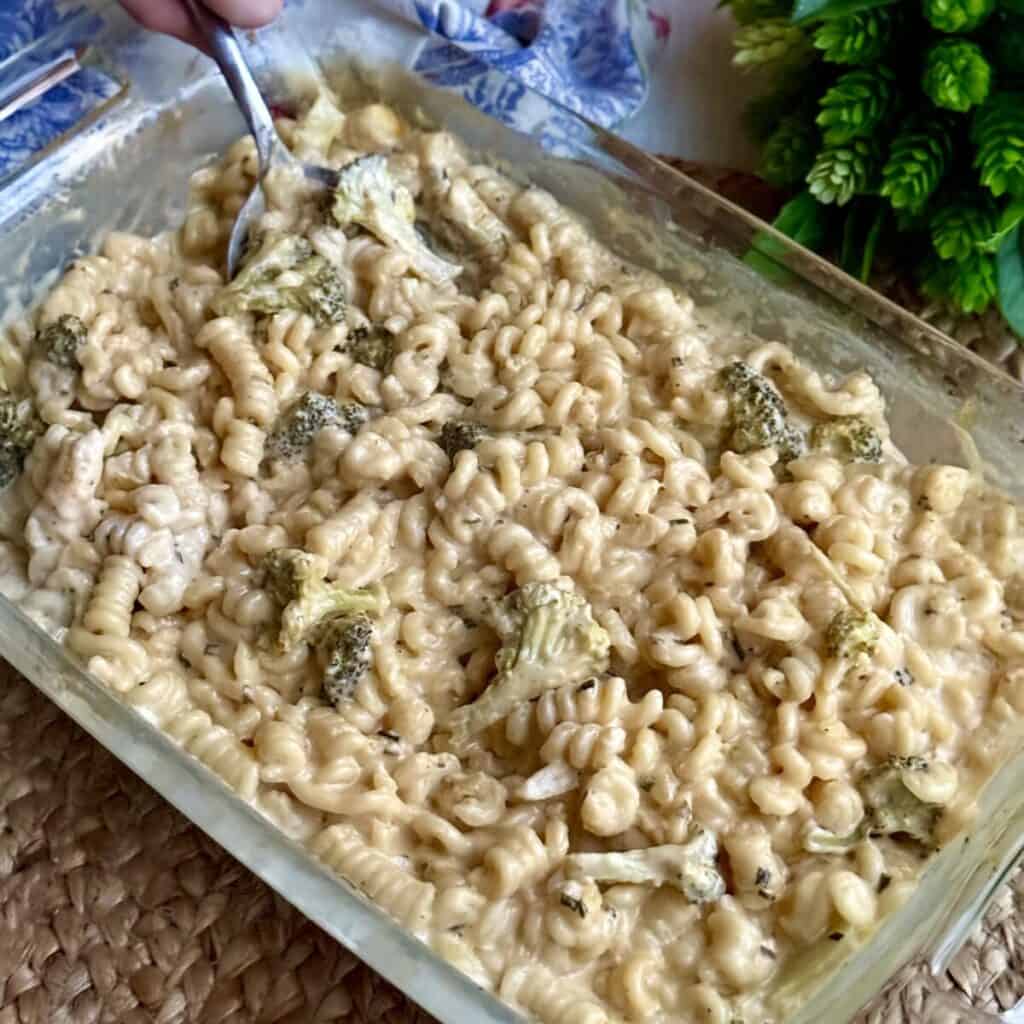 A dish of broccoli pasta bake.