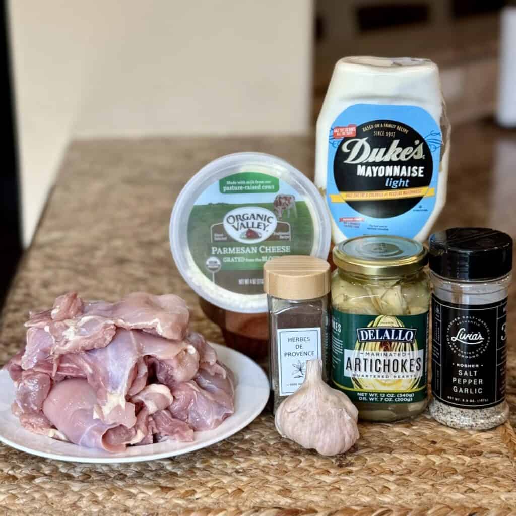 The ingredients to make artichoke chicken.