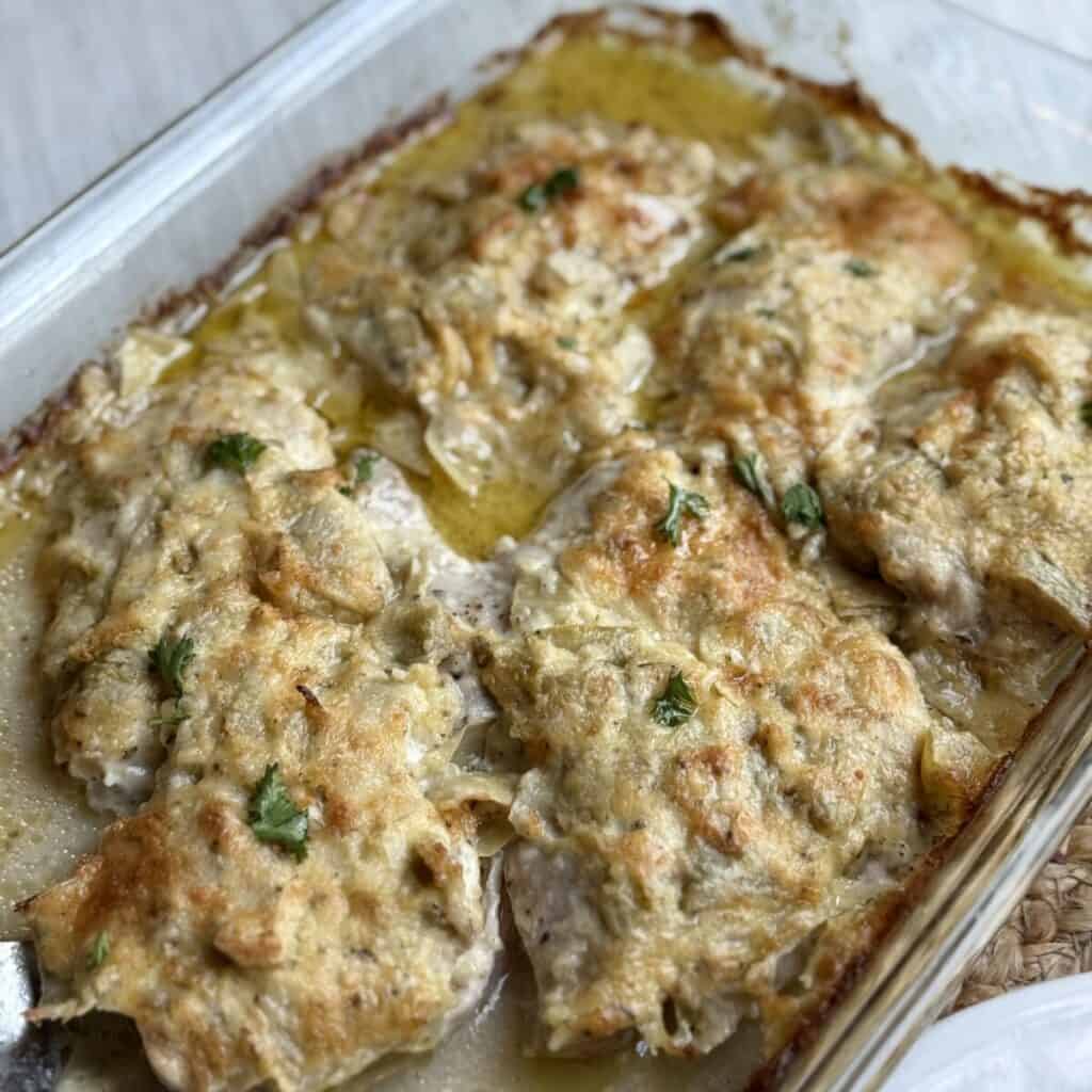 A pan of artichoke chicken.