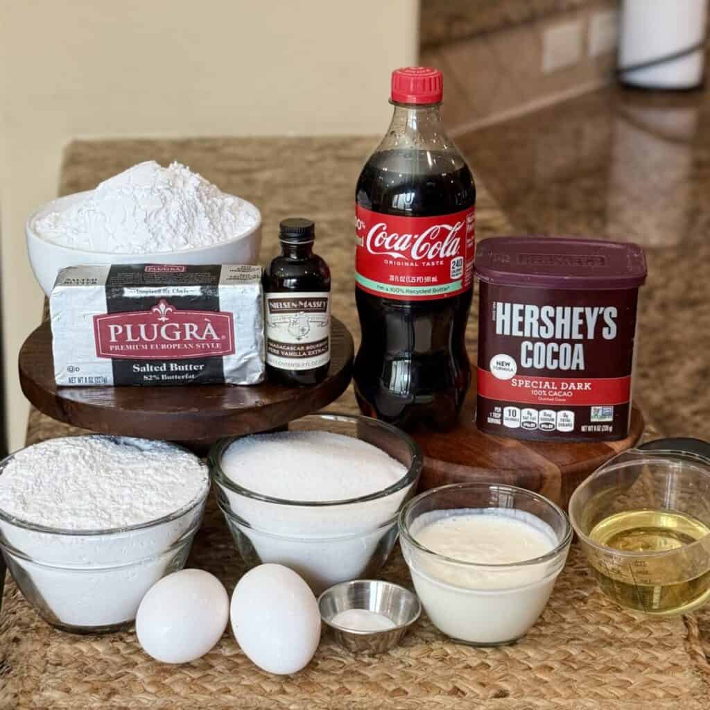 The ingredients to make copycat Cracker Barrel coca-cola cake.