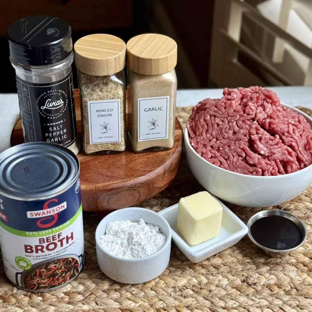 The ingredients to make ground beef and gravy.