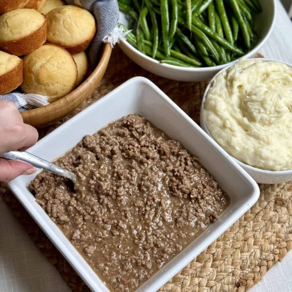 A bowl of ground beef and gravy.