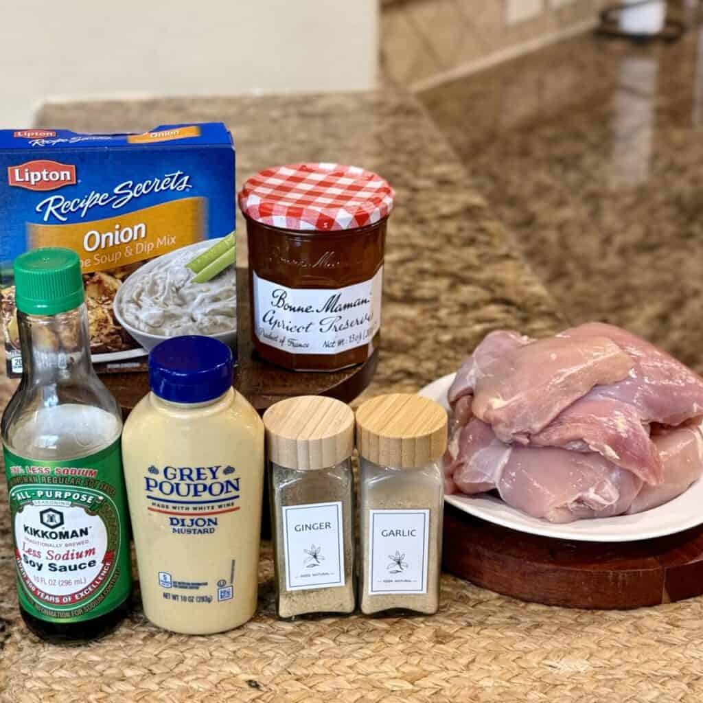 The ingredients to make slow cooker apricot chicken.